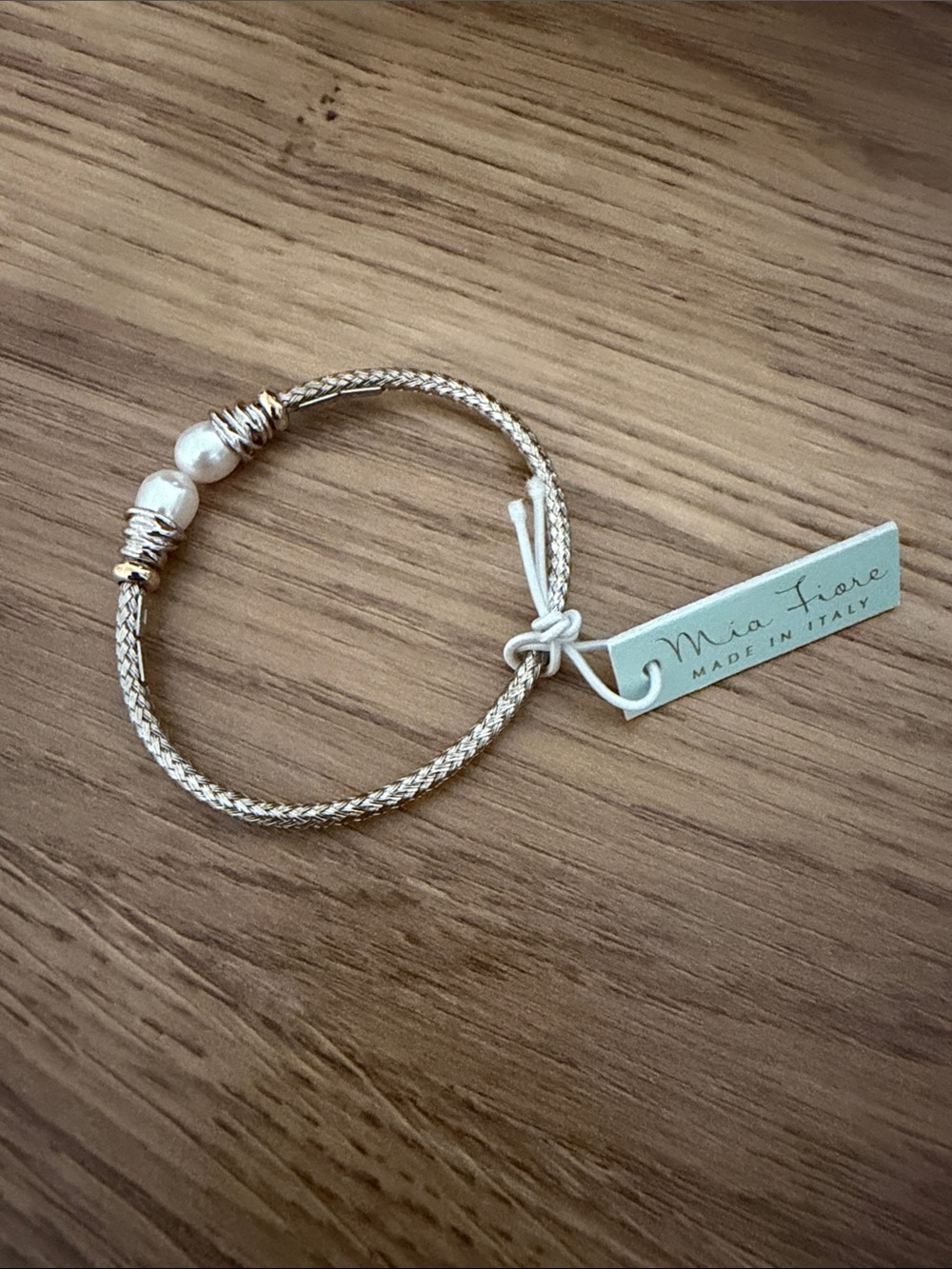 Sterling silver, 14k gold, and pearl bracelet